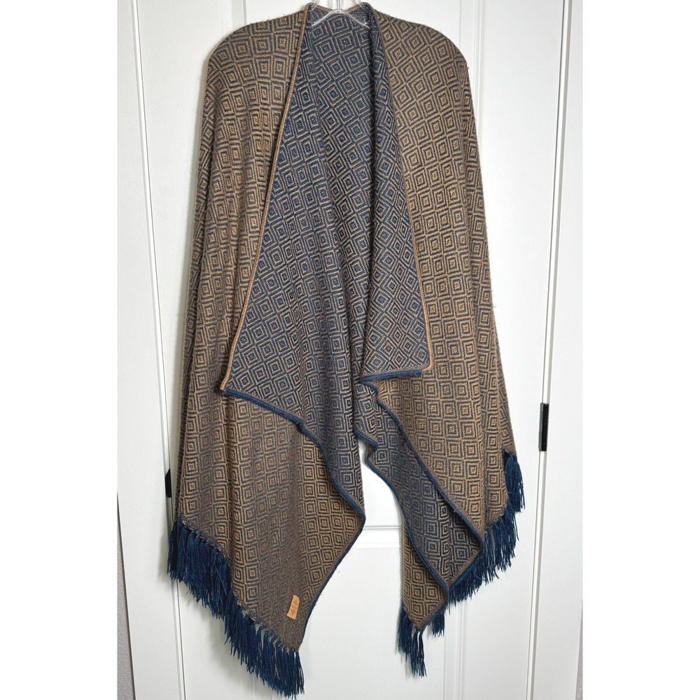 Asher Market Alpaca‎ Blend Geometric Diamond Wrap Shawl Poncho Blue Tan Fringe